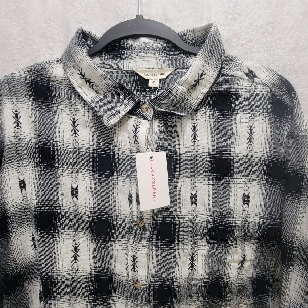 NWT $79 Lucky Brand Raw Edge Plaid Cropped Western Button-Down Cotton Flannel XL - Picture 2 of 11